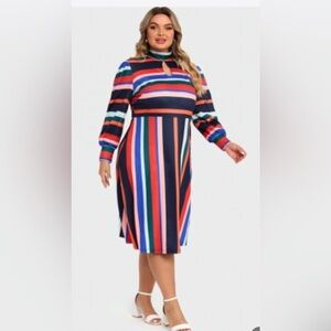 Meet Curve Rainbow Stripe A-Line Puff Sleeves Front Keyhole Women Dress NWT